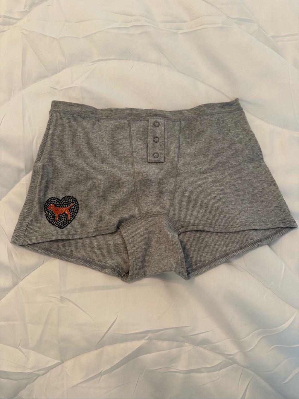 PINK Victoria's Secret Gray Ribbed Boyshorts with Bedazzled Heart Patch